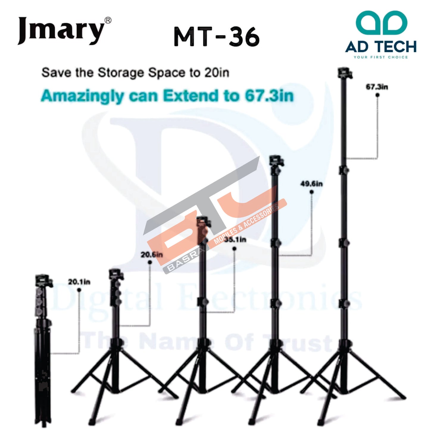 Jmary MT-36 Selfie Stick Tripod Stand - Extends 67" inches For Mobiles / Cameras / Gopro